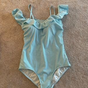 Land's End Blue & White Stripe One Piece Swimsuit Size 12 Ruffle Neck
